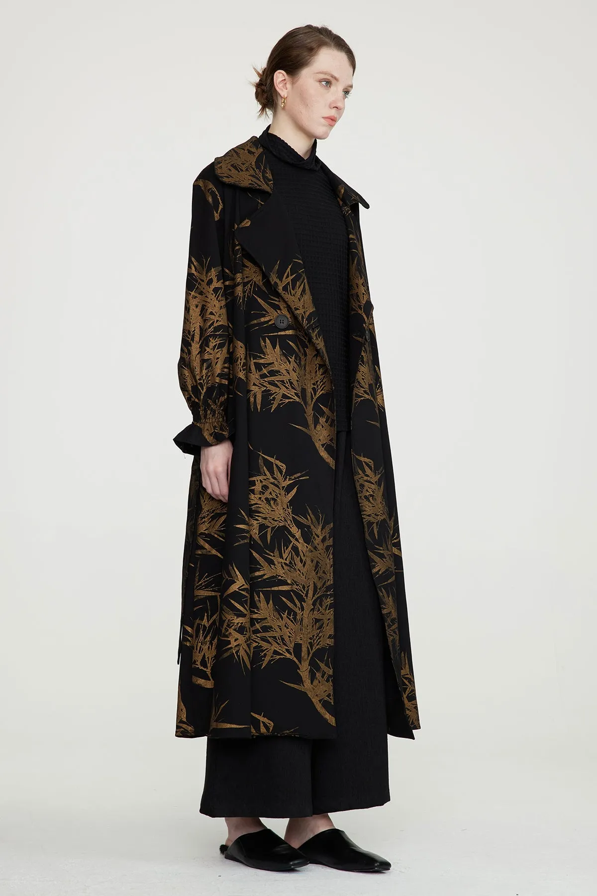Leaves Print Cozy Loose Fit Long Coat
