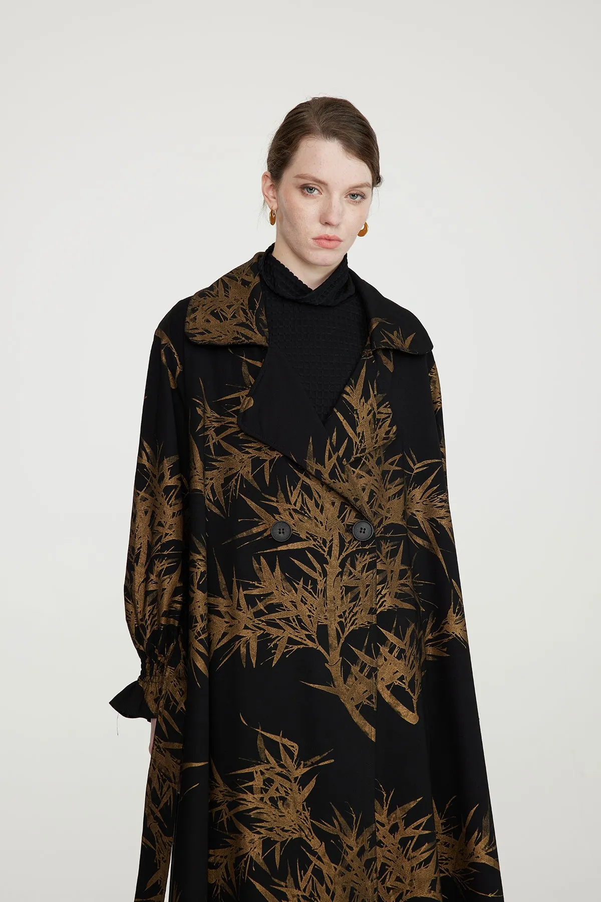 Leaves Print Cozy Loose Fit Long Coat