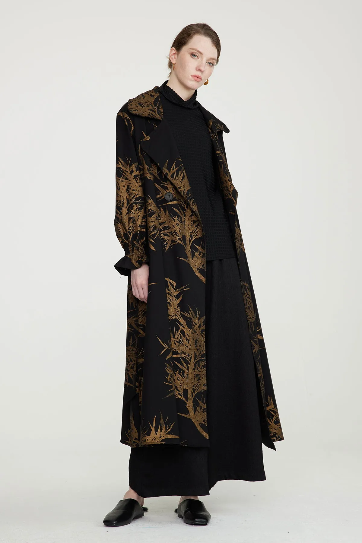 Leaves Print Cozy Loose Fit Long Coat