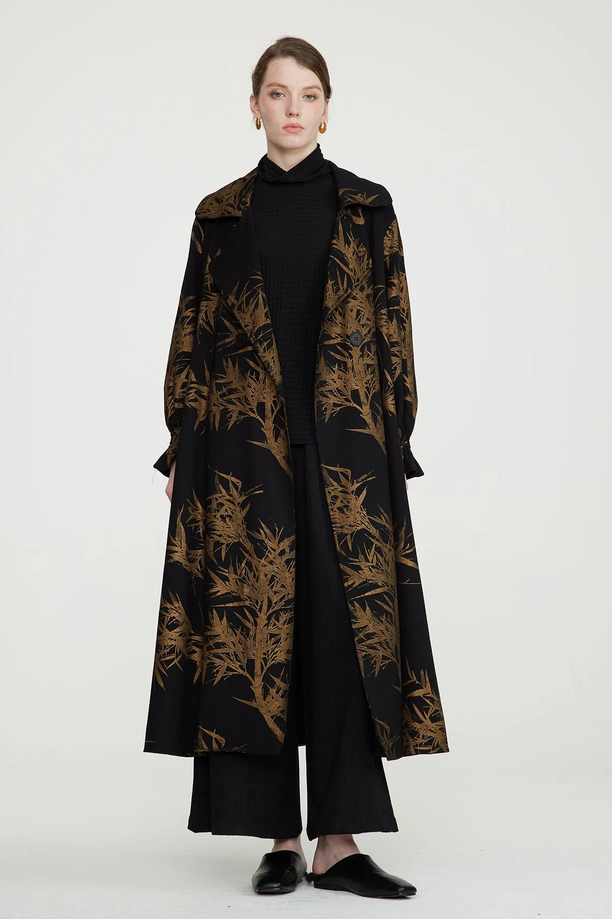 Leaves Print Cozy Loose Fit Long Coat