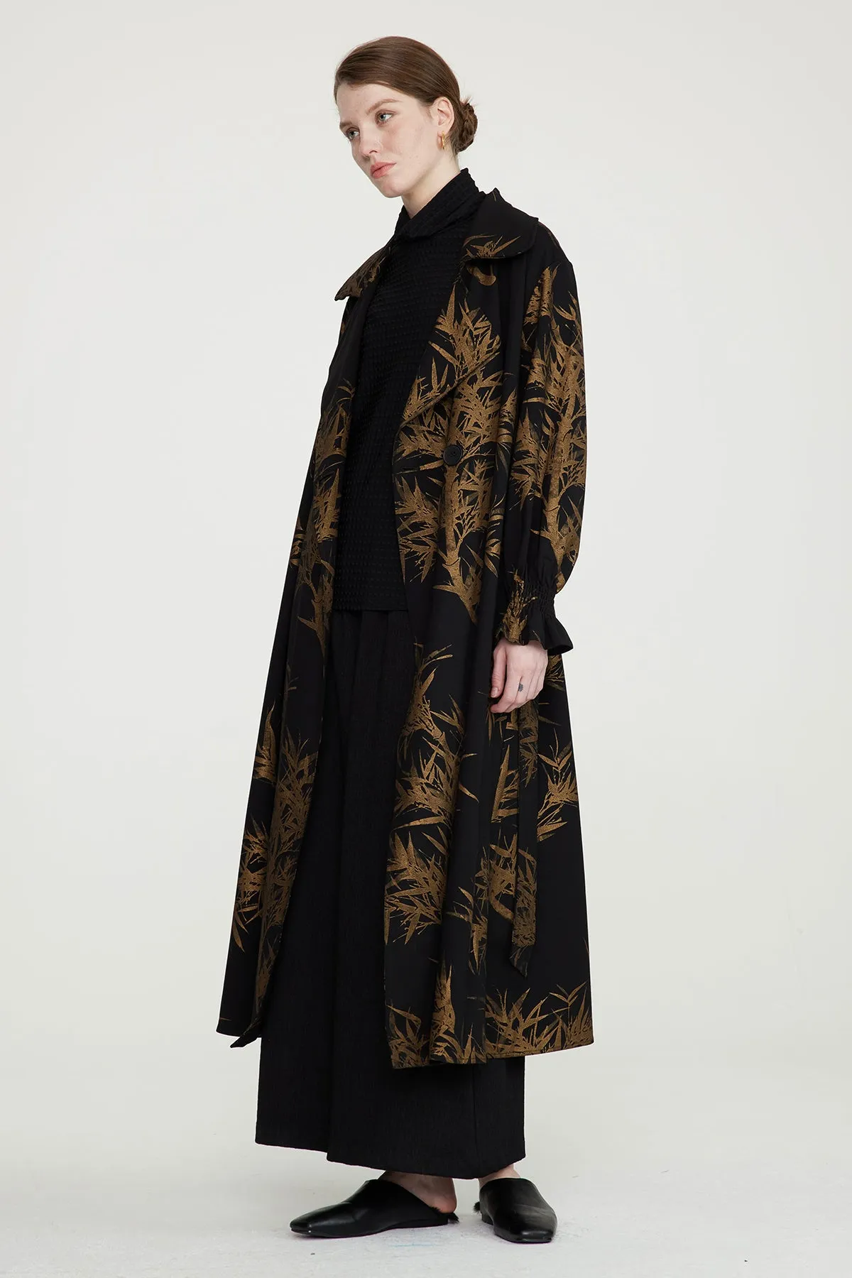 Leaves Print Cozy Loose Fit Long Coat