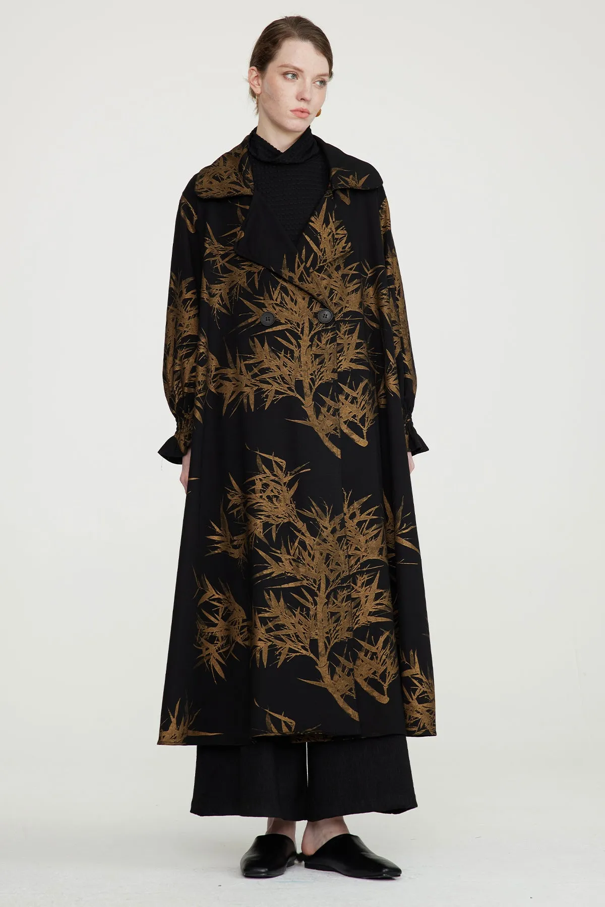 Leaves Print Cozy Loose Fit Long Coat