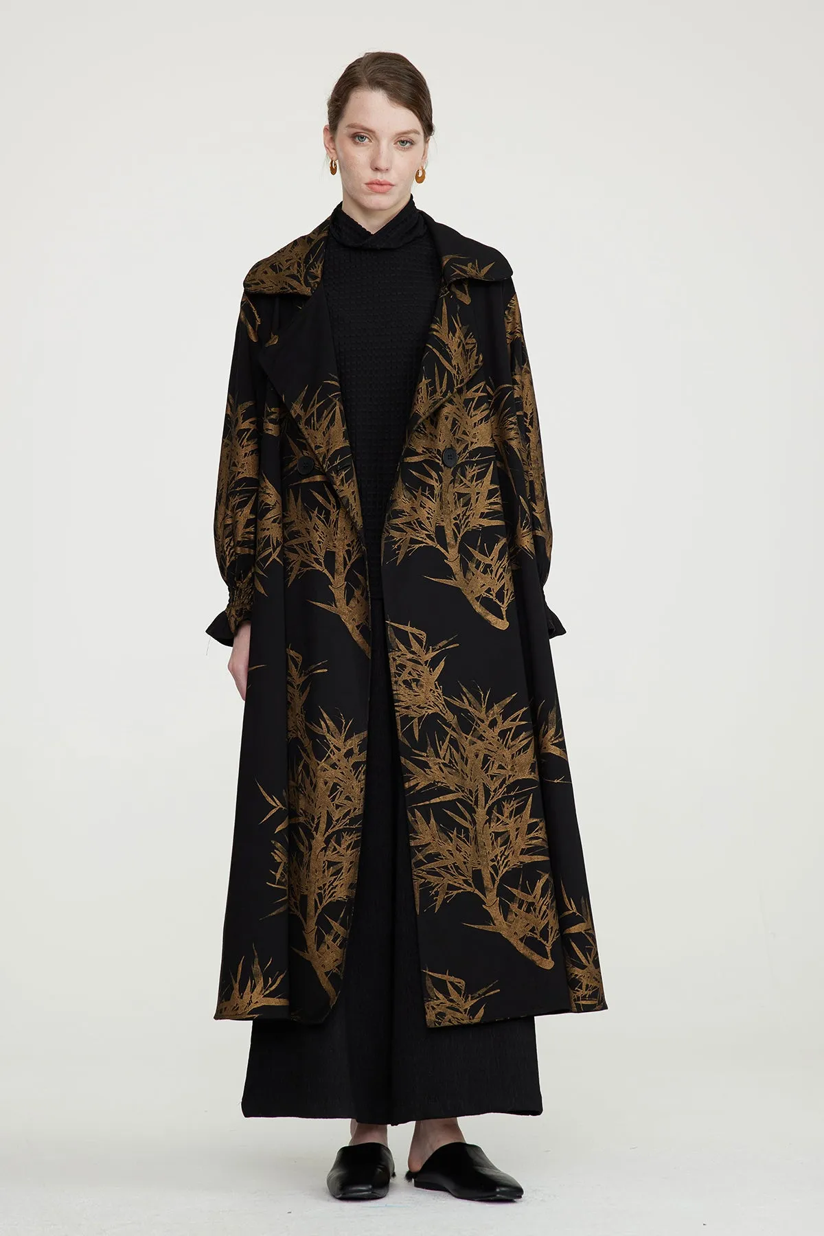 Leaves Print Cozy Loose Fit Long Coat