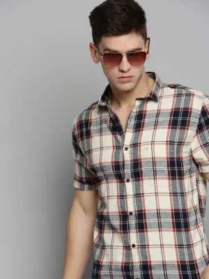 Men Cream Classic Tartan Checked Casual Cotton Shirt