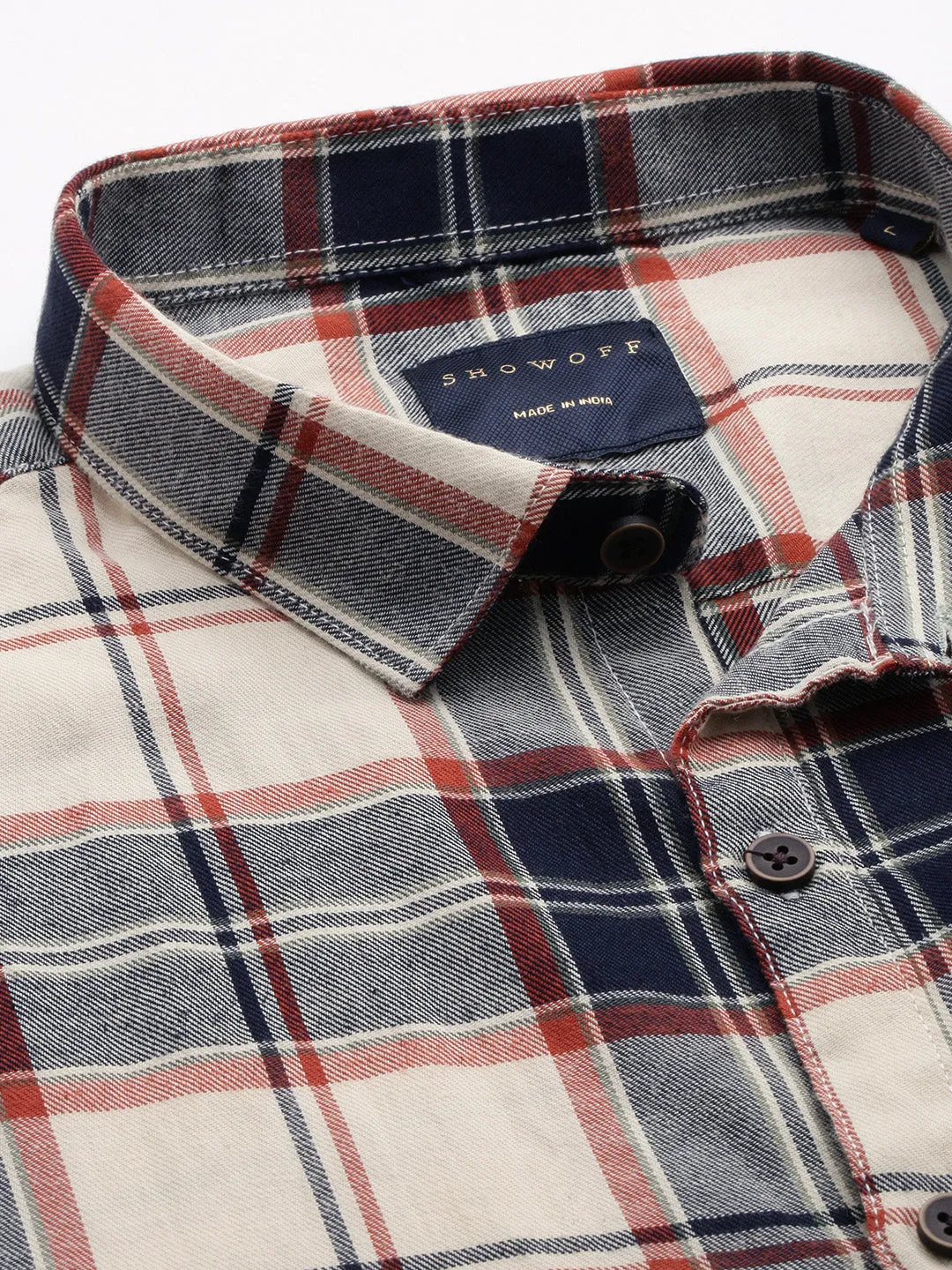 Men Cream Classic Tartan Checked Casual Cotton Shirt