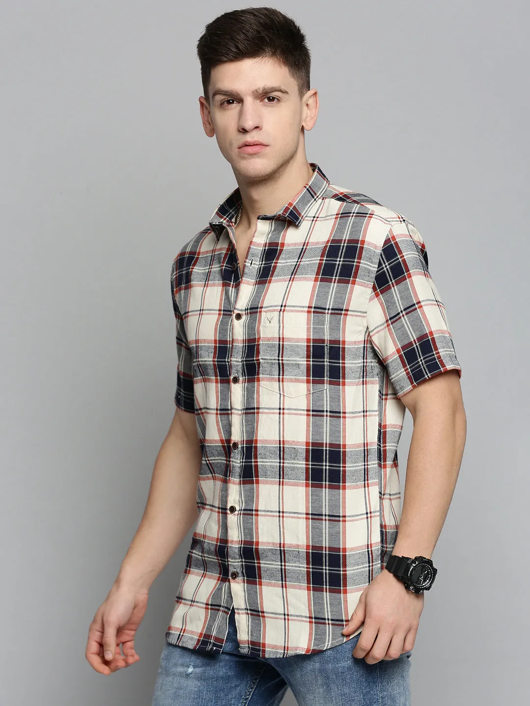 Men Cream Classic Tartan Checked Casual Cotton Shirt