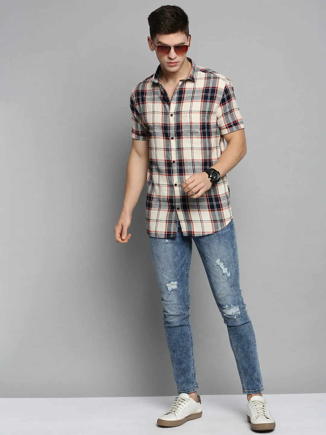 Men Cream Classic Tartan Checked Casual Cotton Shirt