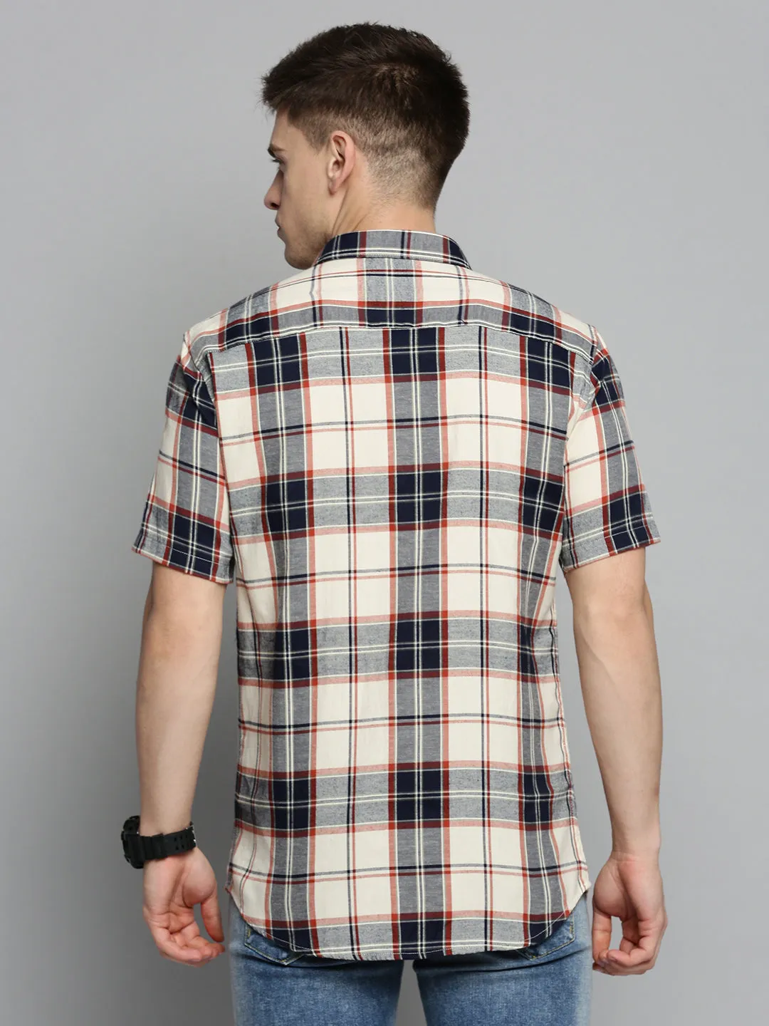 Men Cream Classic Tartan Checked Casual Cotton Shirt