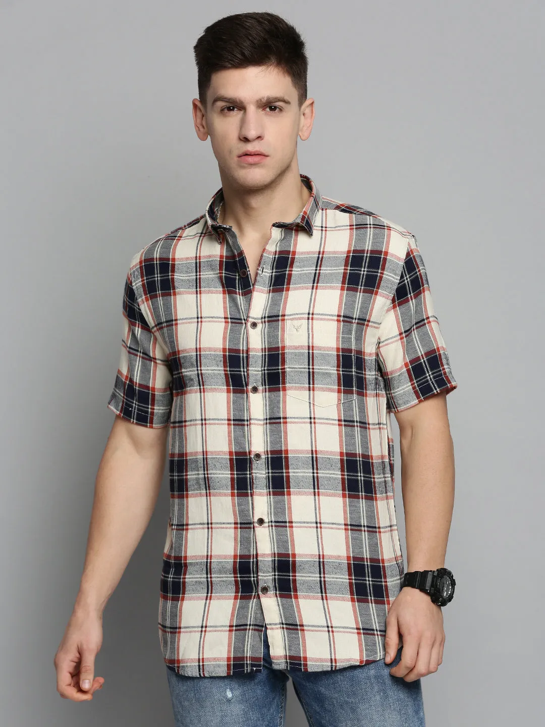 Men Cream Classic Tartan Checked Casual Cotton Shirt