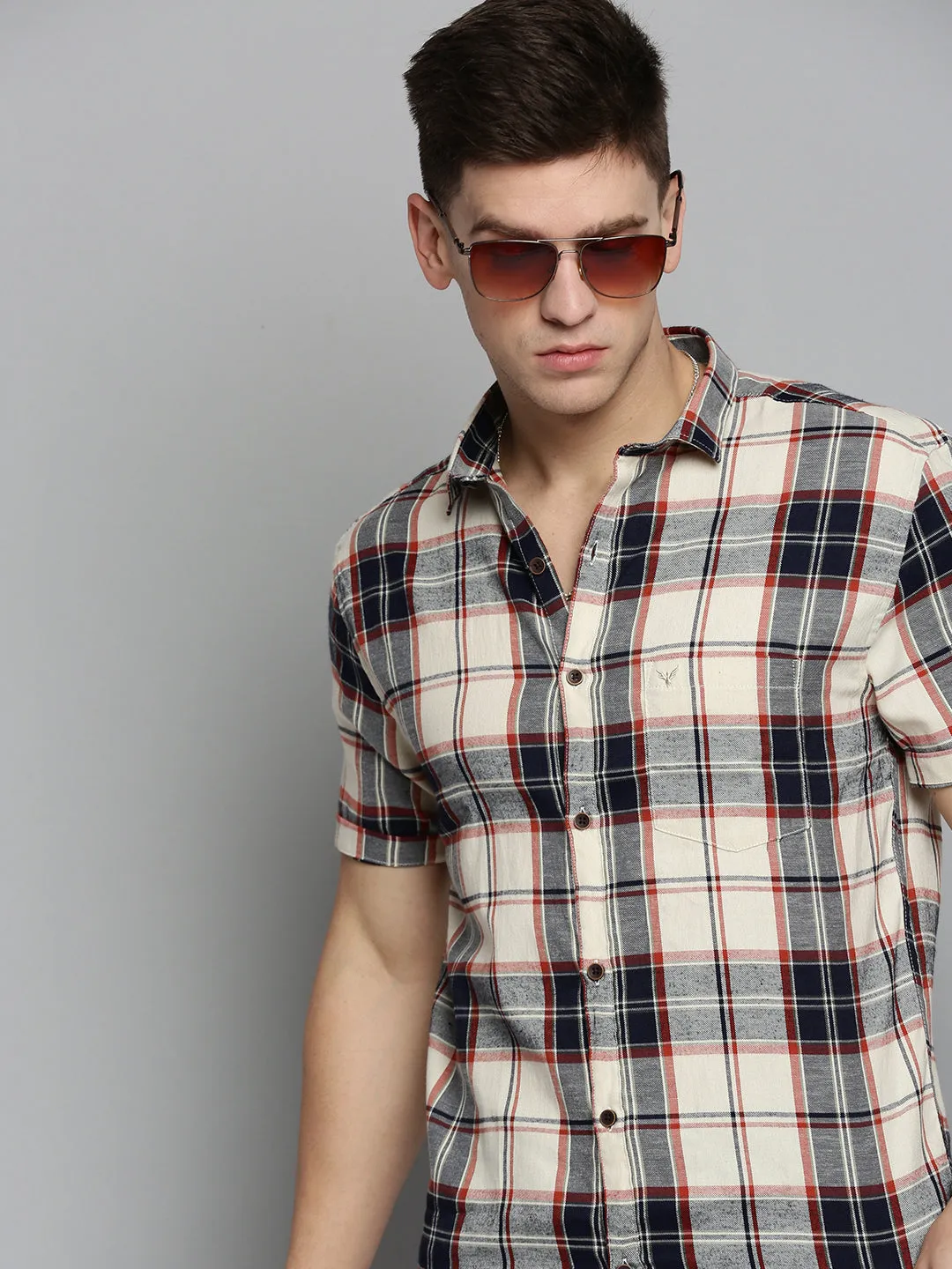 Men Cream Classic Tartan Checked Casual Cotton Shirt