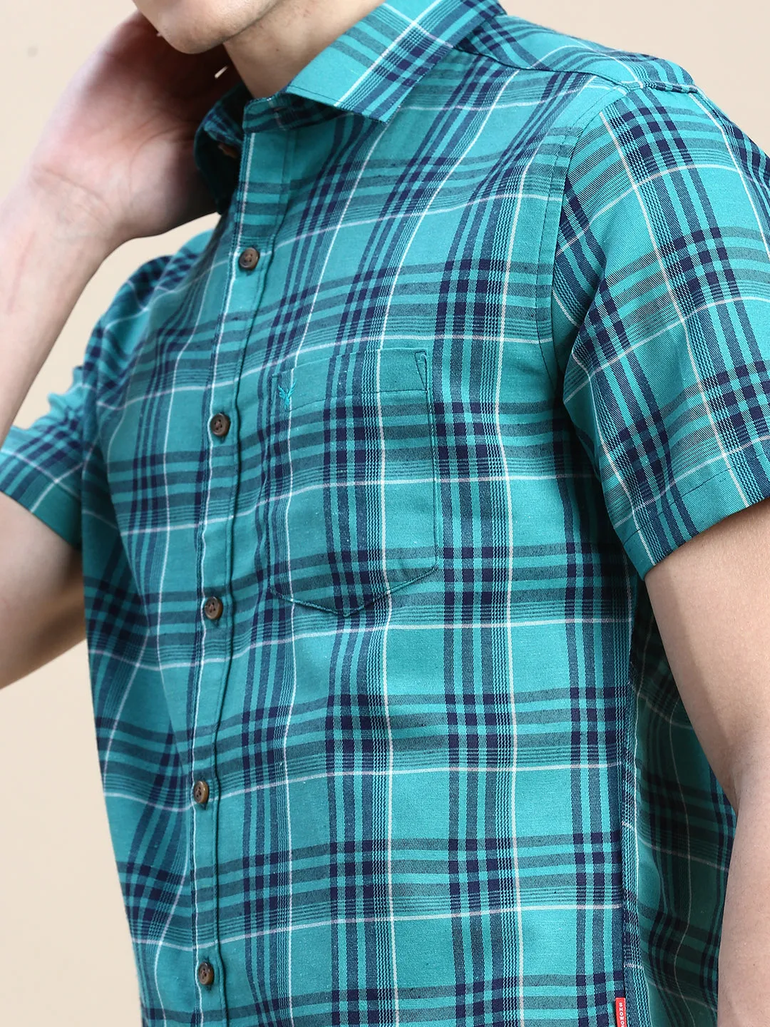 Men Green Standard Slim Fit Checked Spread Collar Cotton Casual Shirt