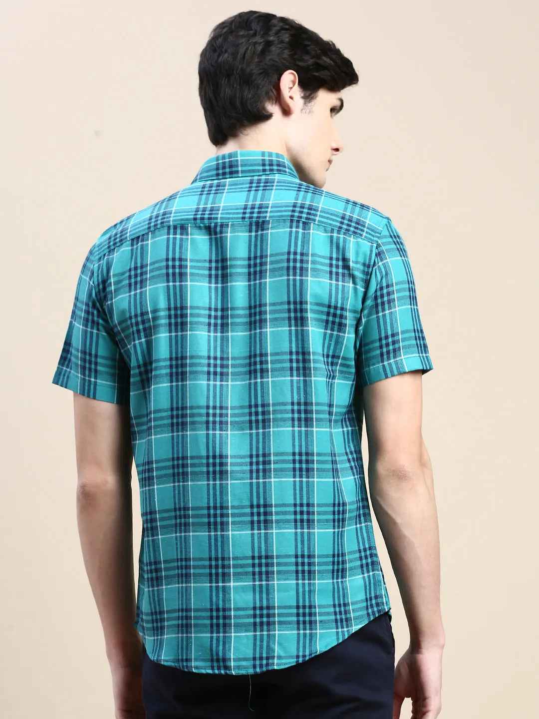 Men Green Standard Slim Fit Checked Spread Collar Cotton Casual Shirt