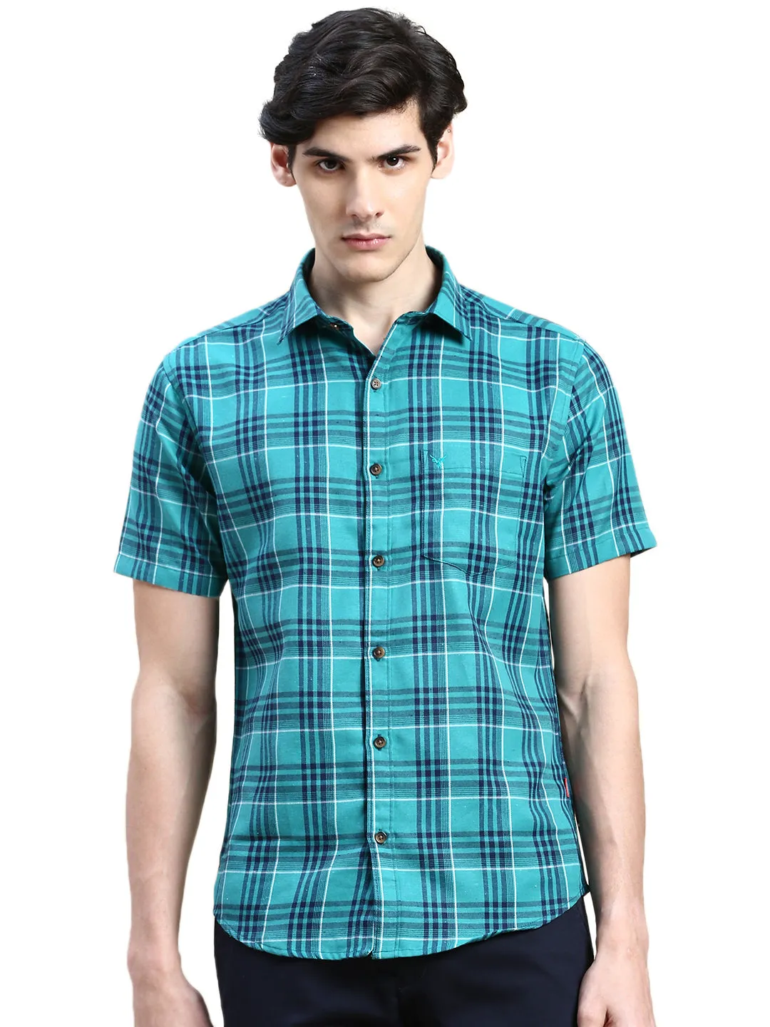 Men Green Standard Slim Fit Checked Spread Collar Cotton Casual Shirt