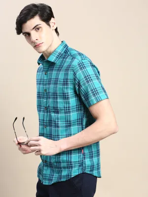 Men Green Standard Slim Fit Checked Spread Collar Cotton Casual Shirt