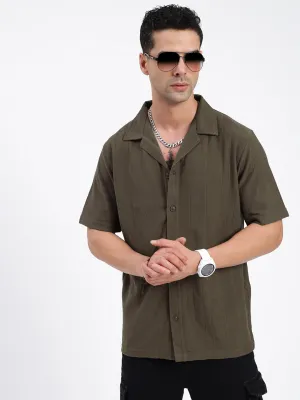 Men Olive Standard Cuban Collar Textured Cotton Relaxed Fit Casual Shirt