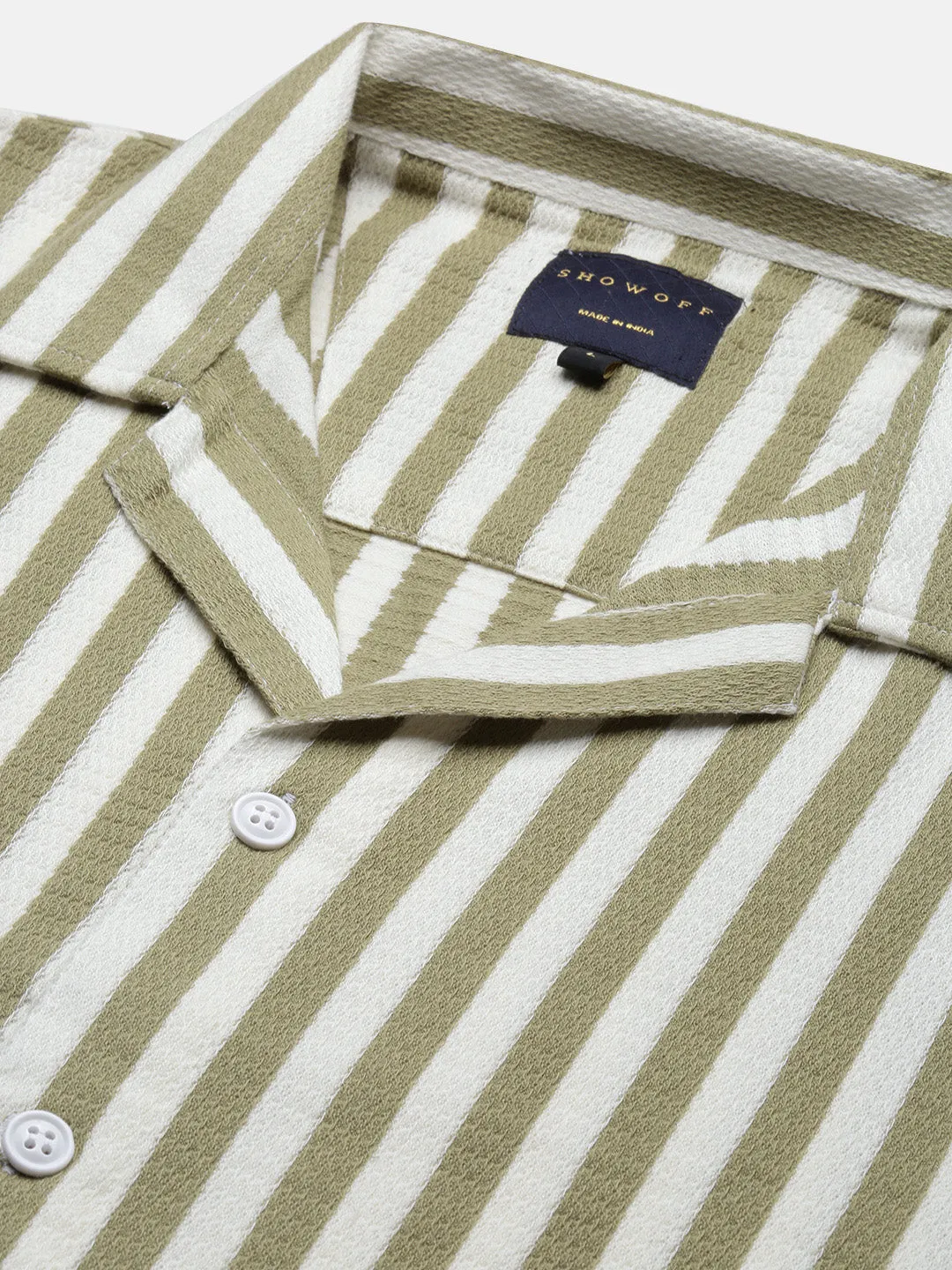 Men Olive Standard Cuban Collar Vertical Striped Cotton Relaxed Fit Casual Shirt