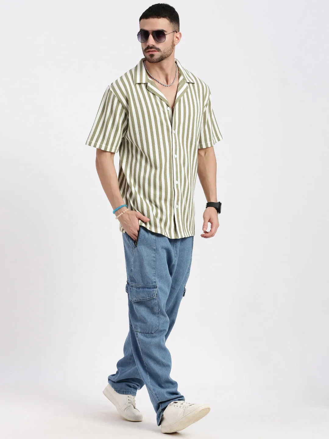 Men Olive Standard Cuban Collar Vertical Striped Cotton Relaxed Fit Casual Shirt