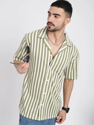 Men Olive Standard Cuban Collar Vertical Striped Cotton Relaxed Fit Casual Shirt