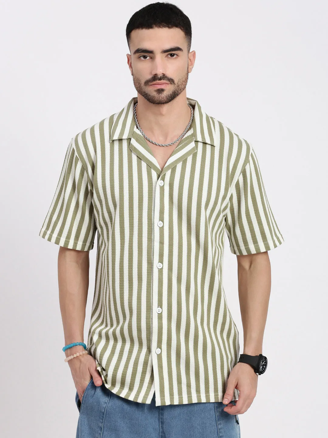 Men Olive Standard Cuban Collar Vertical Striped Cotton Relaxed Fit Casual Shirt