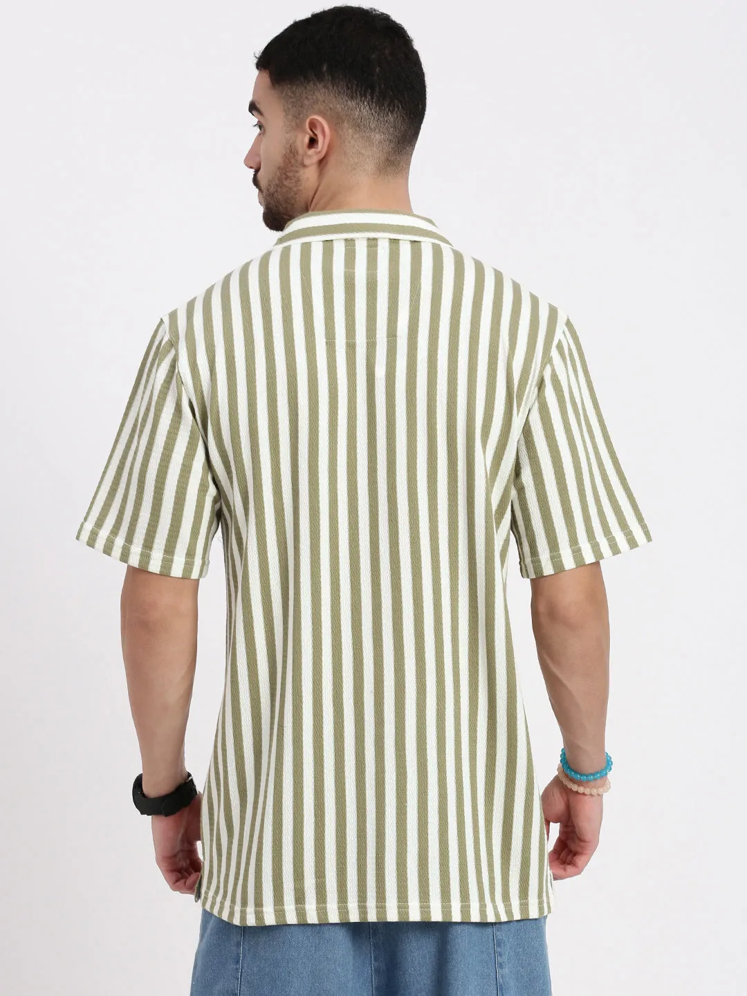 Men Olive Standard Cuban Collar Vertical Striped Cotton Relaxed Fit Casual Shirt