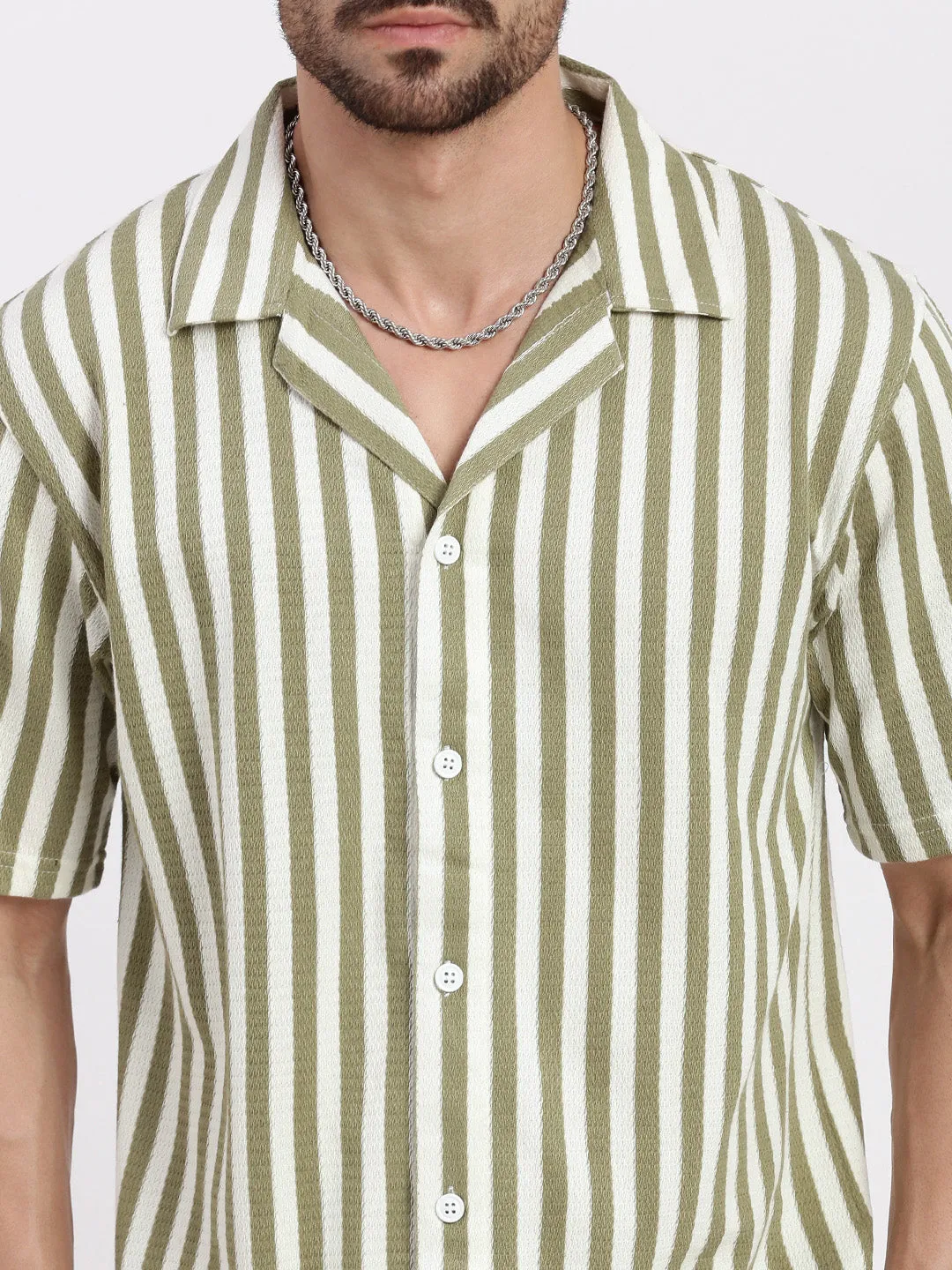 Men Olive Standard Cuban Collar Vertical Striped Cotton Relaxed Fit Casual Shirt