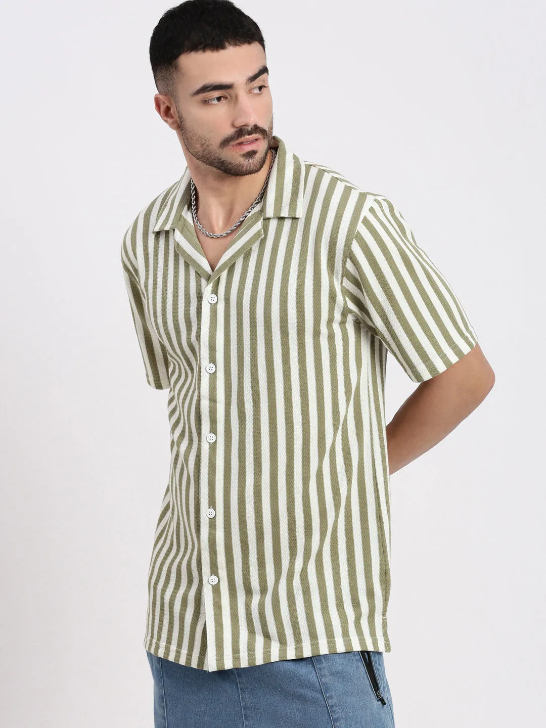 Men Olive Standard Cuban Collar Vertical Striped Cotton Relaxed Fit Casual Shirt