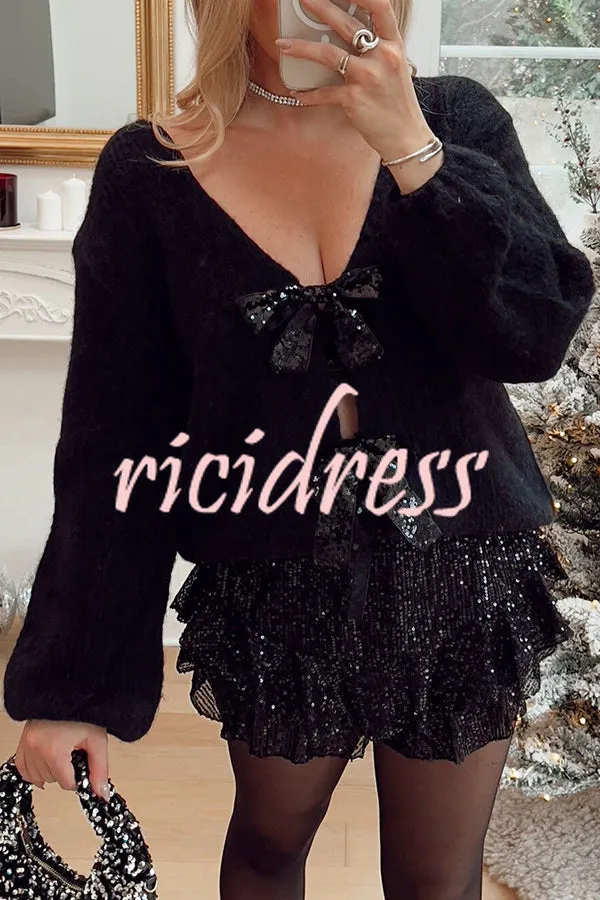 Misty Starlight Tie Front Sequin Bow Loose Sweater