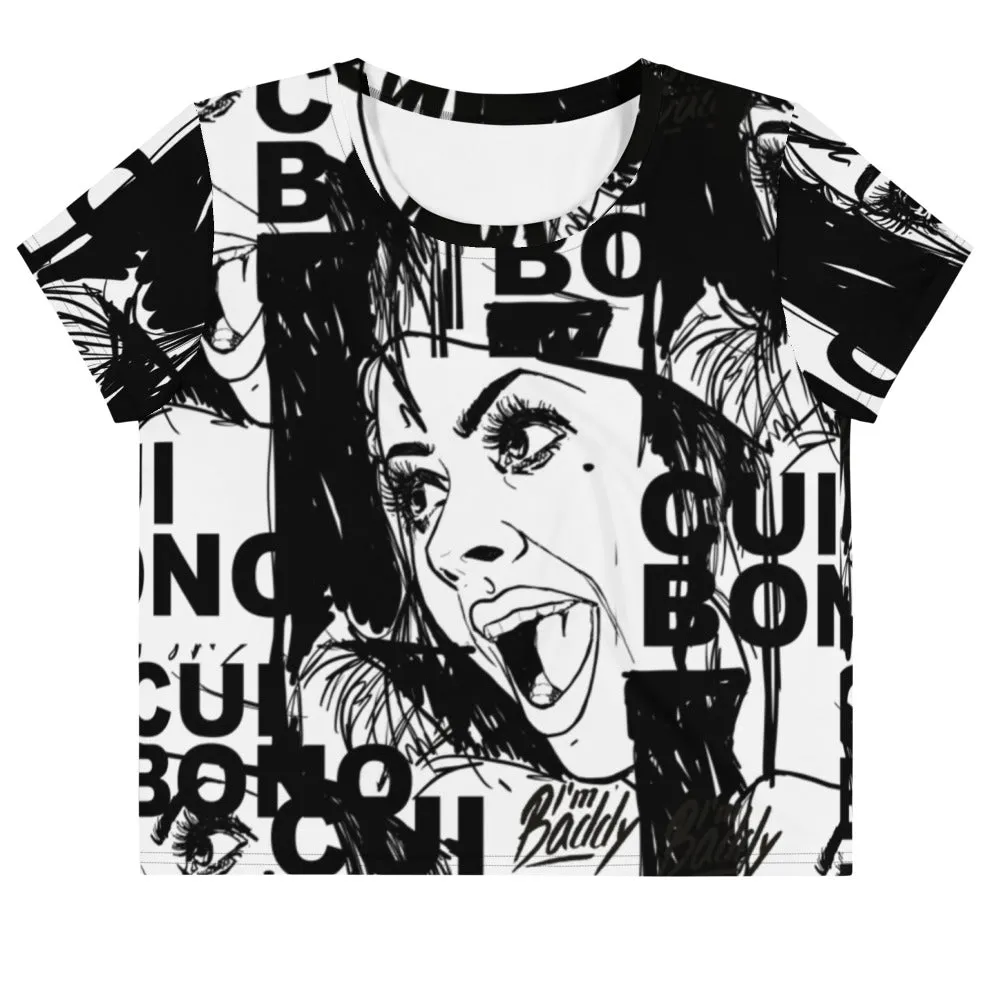 Monochrome women's Crop Tee with Cui Bono print