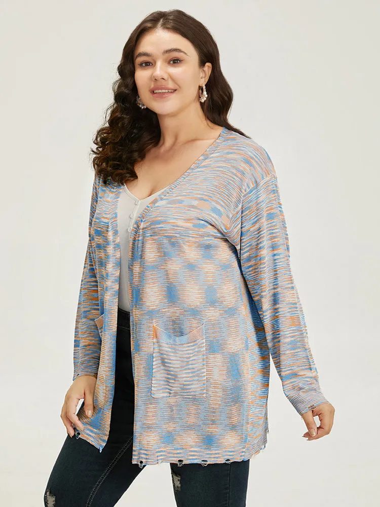 Ombre Pocket Open Front Ripped Hem Cardigan