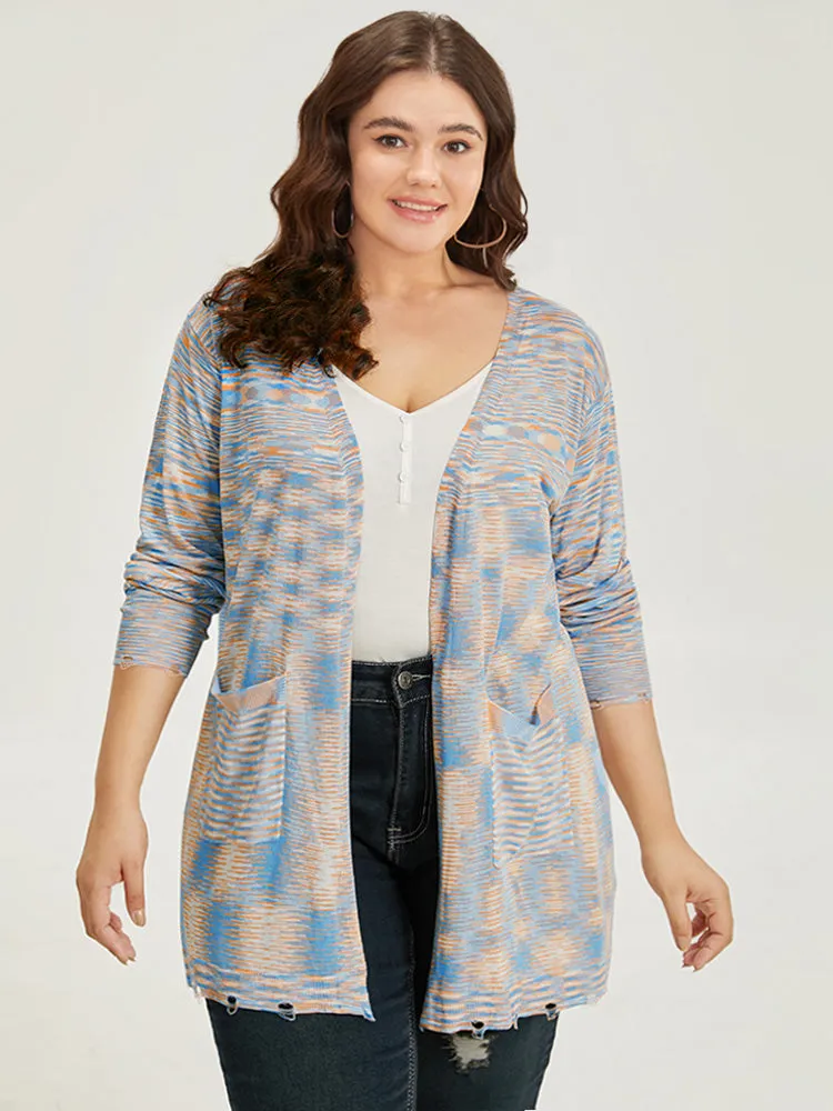 Ombre Pocket Open Front Ripped Hem Cardigan
