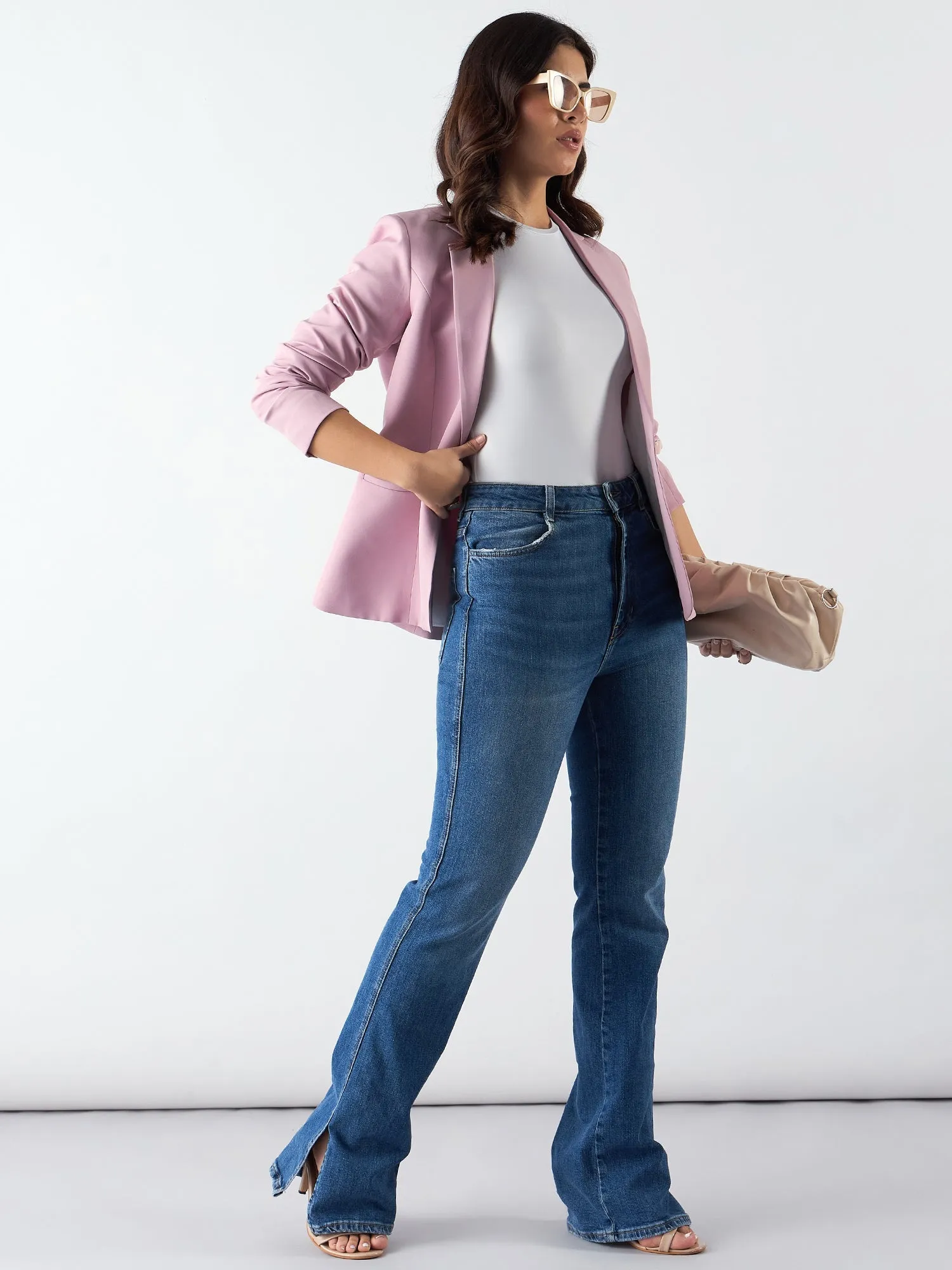 Pink Poly Viscose Notched Lapel Single Breasted Blazer