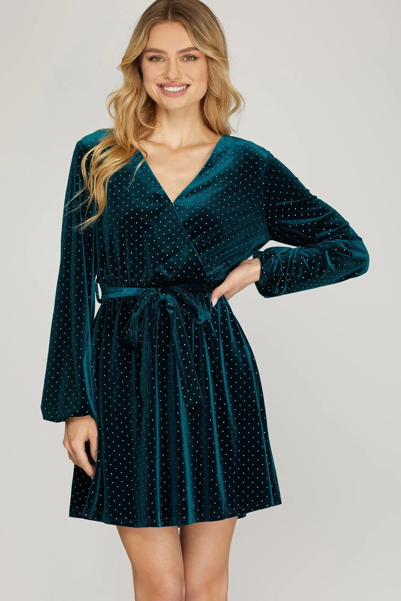 She And Sky Surplice Dress With Gold-Dot Detail In Teal Green Velvet