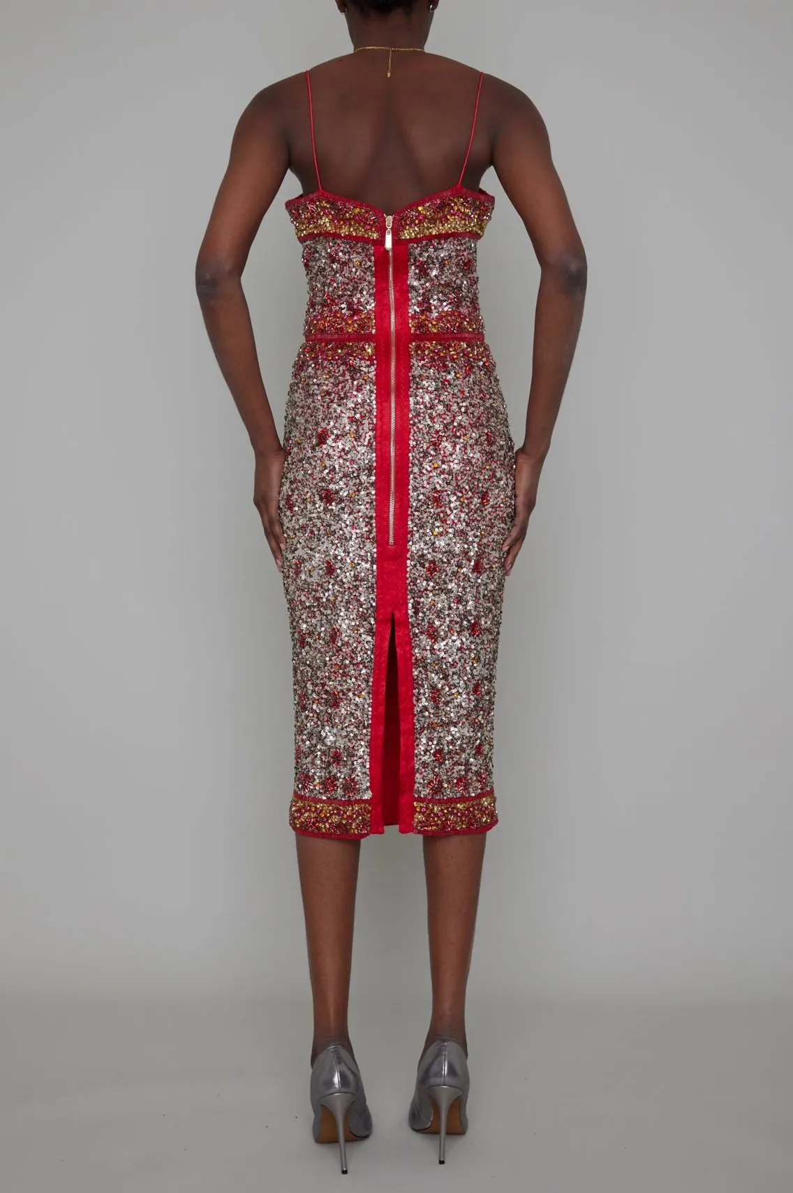 SHEERWATER HAND BEADED & SEQUINED SPAGHETTI STRAP MIDI DRESS