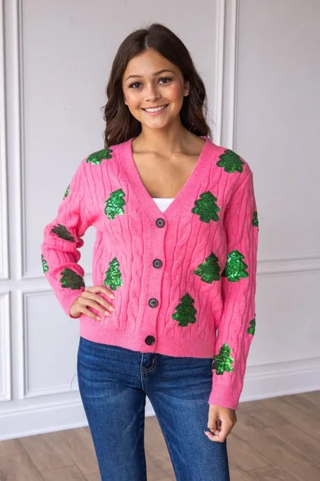 Southern Grace Sequin Trees Pink Cardigan