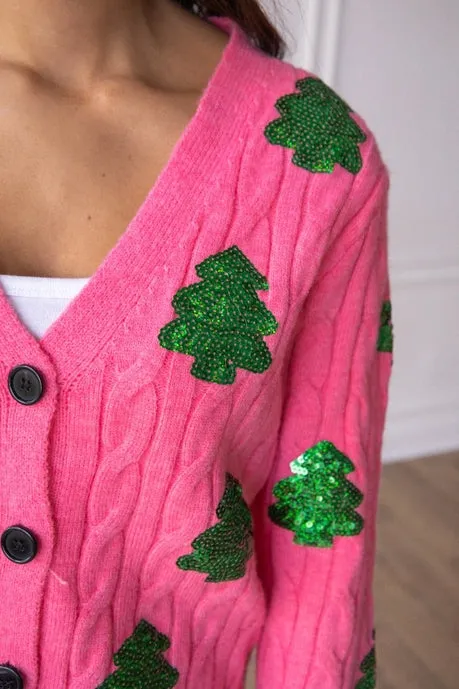 Southern Grace Sequin Trees Pink Cardigan