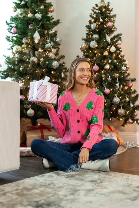 Southern Grace Sequin Trees Pink Cardigan