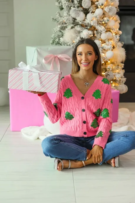 Southern Grace Sequin Trees Pink Cardigan
