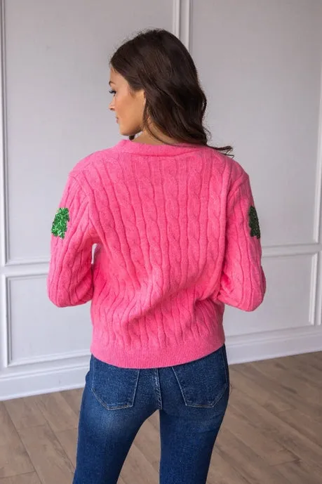 Southern Grace Sequin Trees Pink Cardigan