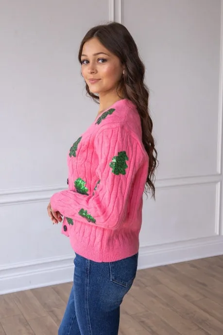Southern Grace Sequin Trees Pink Cardigan