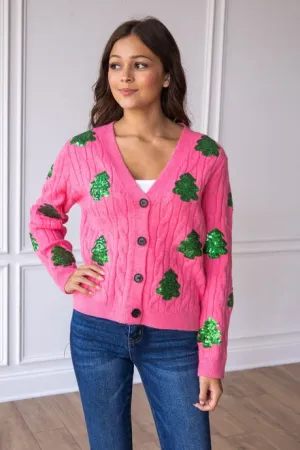 Southern Grace Sequin Trees Pink Cardigan
