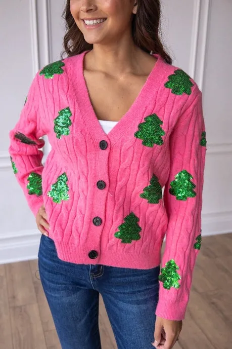 Southern Grace Sequin Trees Pink Cardigan