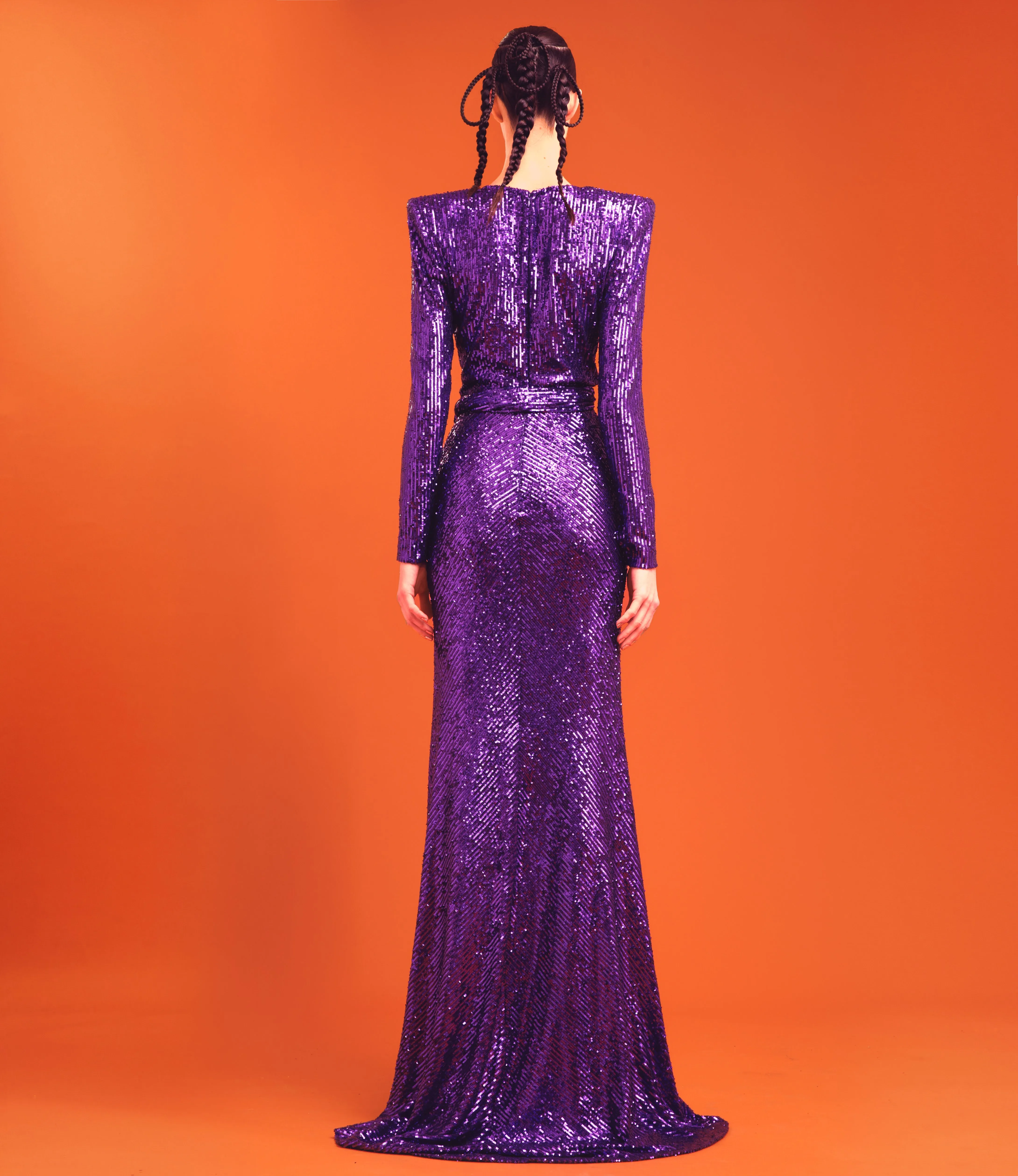 STRETCH SEQUIN LONG SLEEVE V NECK GOWN