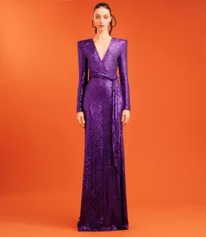 STRETCH SEQUIN LONG SLEEVE V NECK GOWN