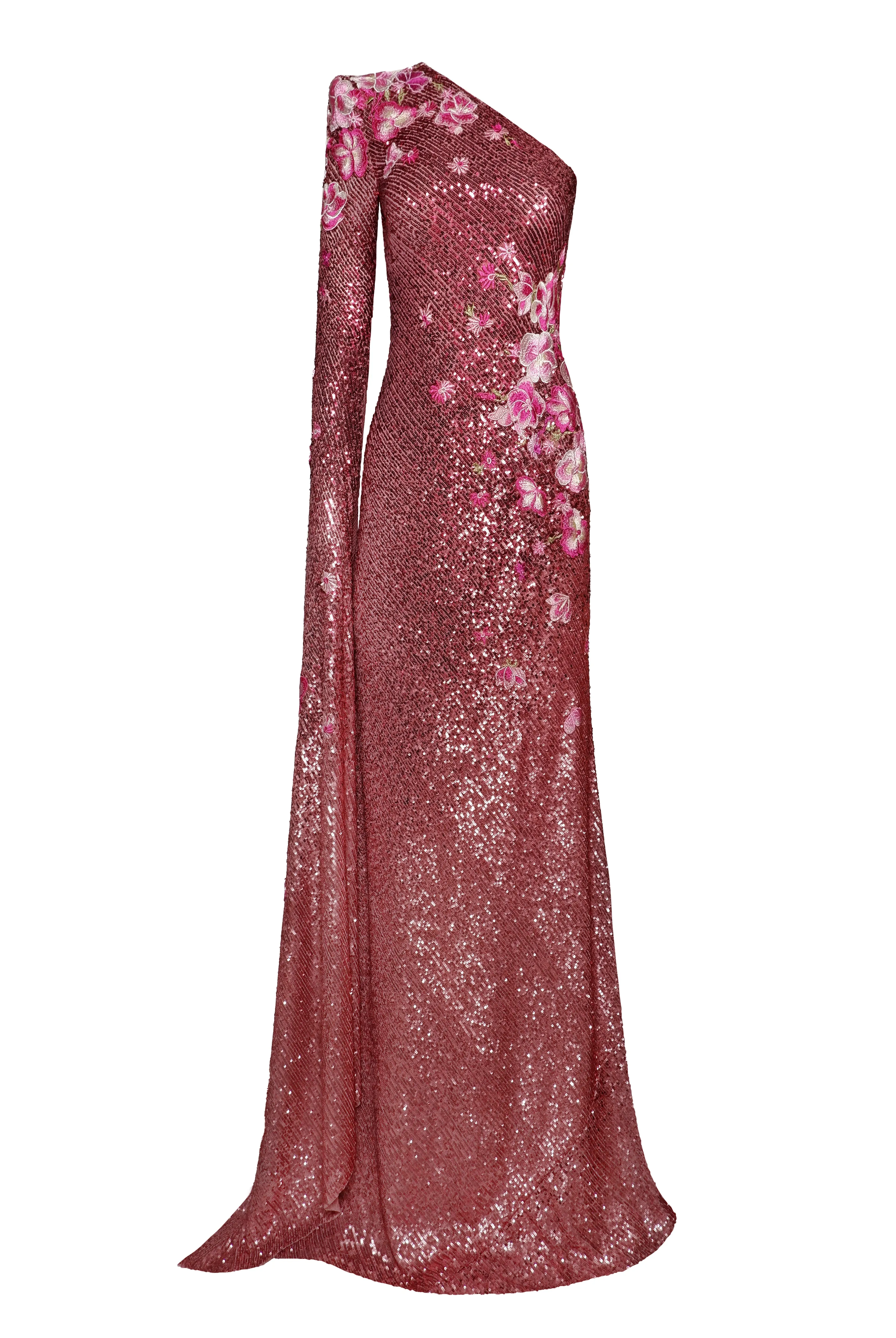 STRETCH SEQUIN ONE SHOULDER CASCADING SLEEVE GOWN