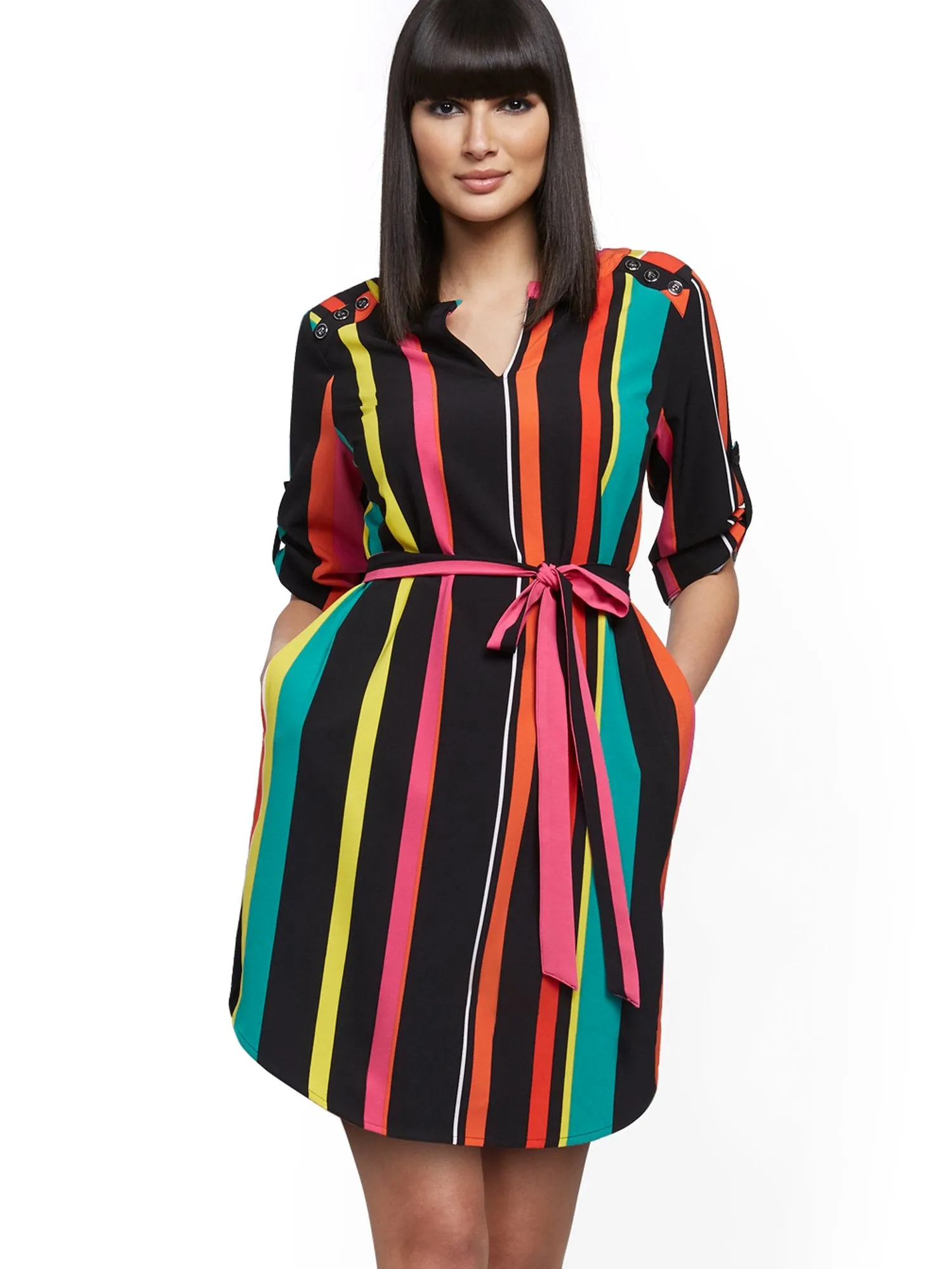 Stripe Button-Accent Shirtdress