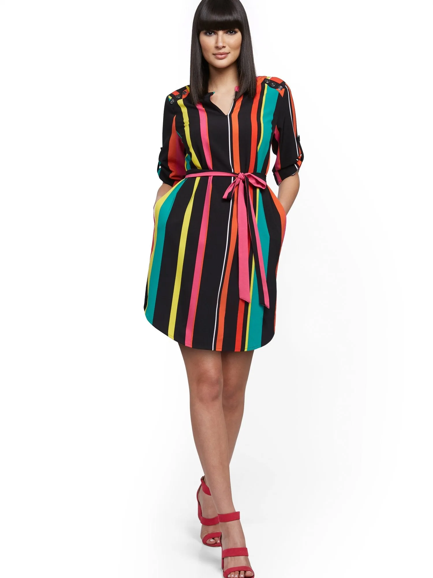 Stripe Button-Accent Shirtdress