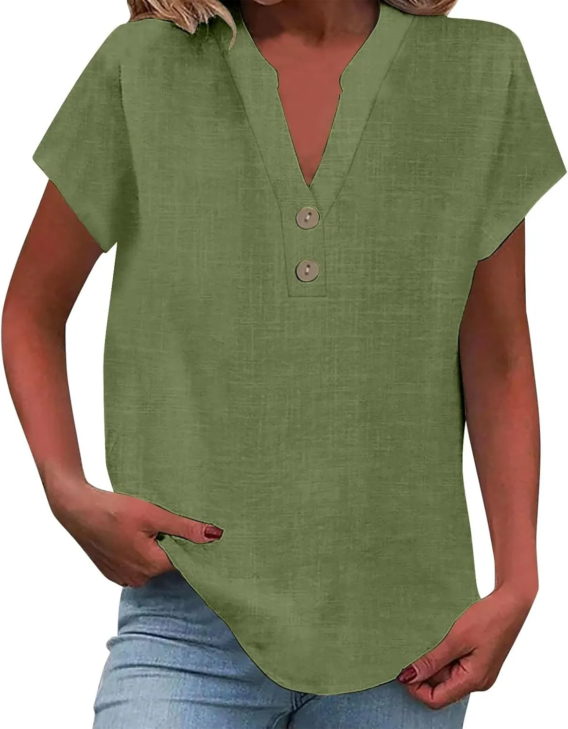 Summer Tops for Women 2025 Trendy Short Sleeve Cotton Linen Shirt Spring Fashion Casual Button V Neck Tunic Blouses