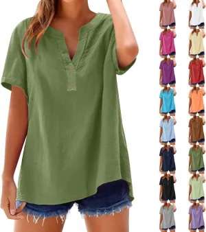 Summer Tops for Women 2025 Trendy Short Sleeve Cotton Linen Shirt Spring Fashion Casual Button V Neck Tunic Blouses