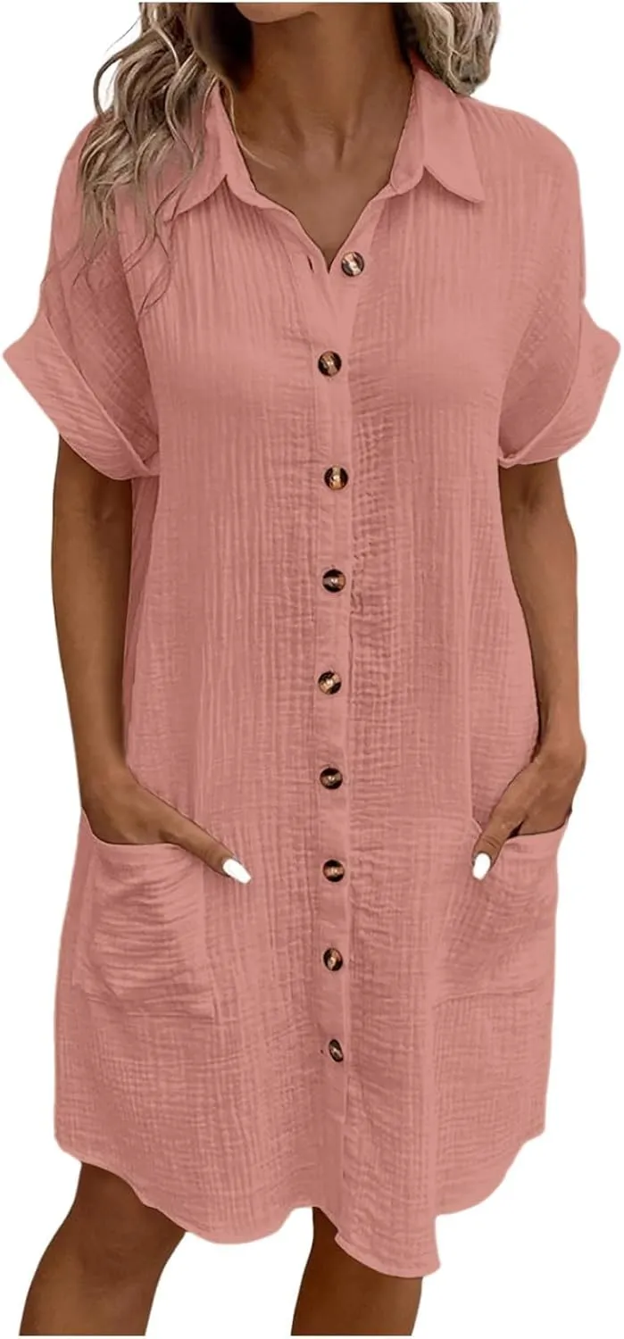 Women Button Down Dress Loose Summer Cotton Linen Dresses Casual Short Sleeve Tunic Dress 2025 Linen Dress Women