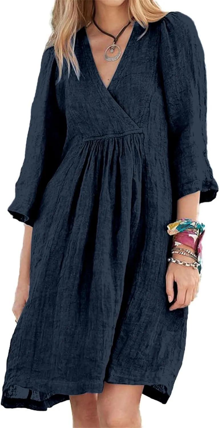 Womens Linen Dress Summer Casual A-line Dresses 3/4 Sleeve Knee Length Ruched Midi Dress V Neck Shift Dresses 2025